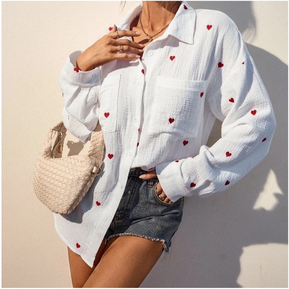 019 Cozy White Hearts Button Down Oversized Shirt - Picture 6 of 9